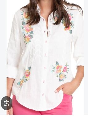Apny Embroidered White Button-Down 100% Cotton Shirt with Floral Accents Large